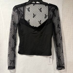 NWT Womens Medium Black Sheer Lace Mesh Long Sleeve Top With Bow Detailing
